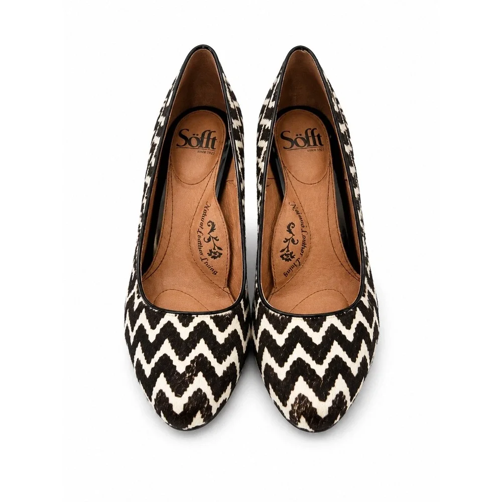 Sofft Chevron Print Calf Hair Leather Heels Pumps Women's Size 6.5M Black White
